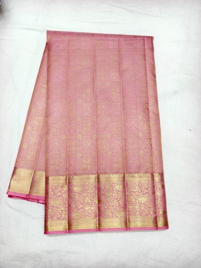 Pink Dharmavaram zari silk saree with gold square grid brocade and a broad gold zari border
