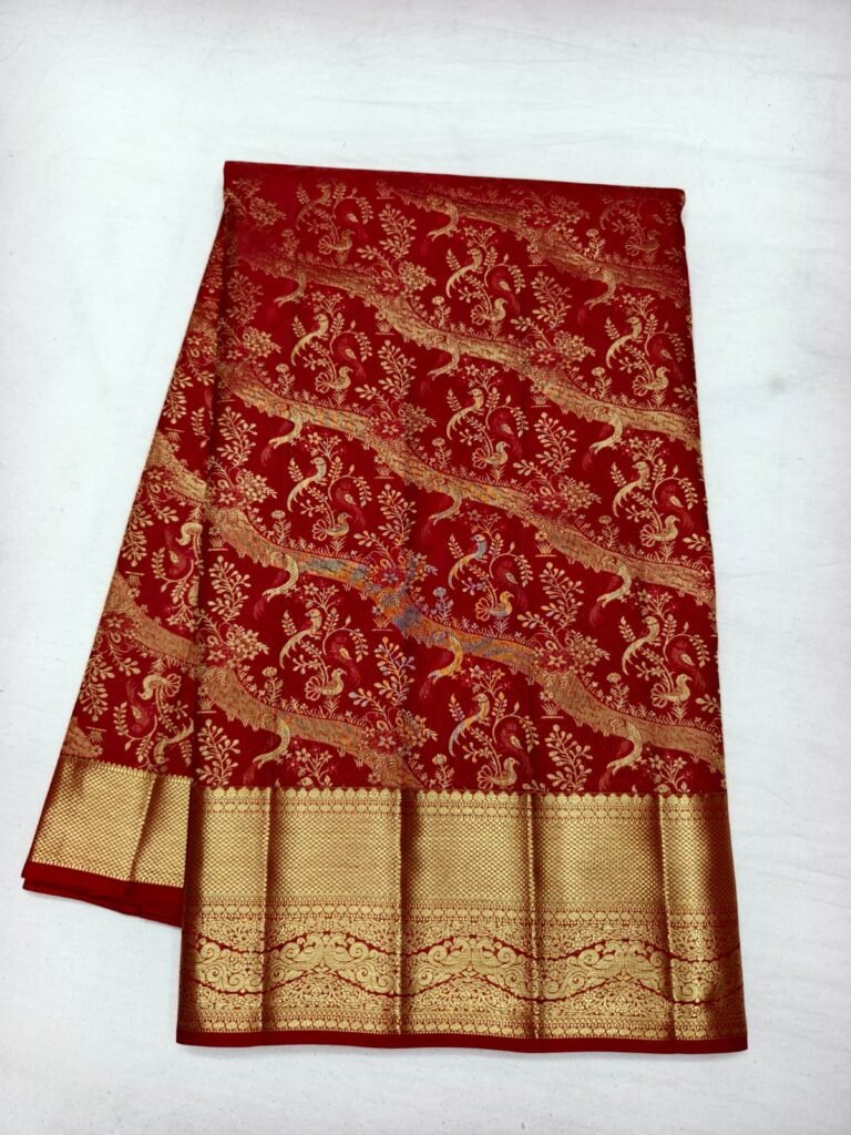 Red Dharmavaram wedding silk saree with diagonal peacock and floral vine brocade and a broad zari border